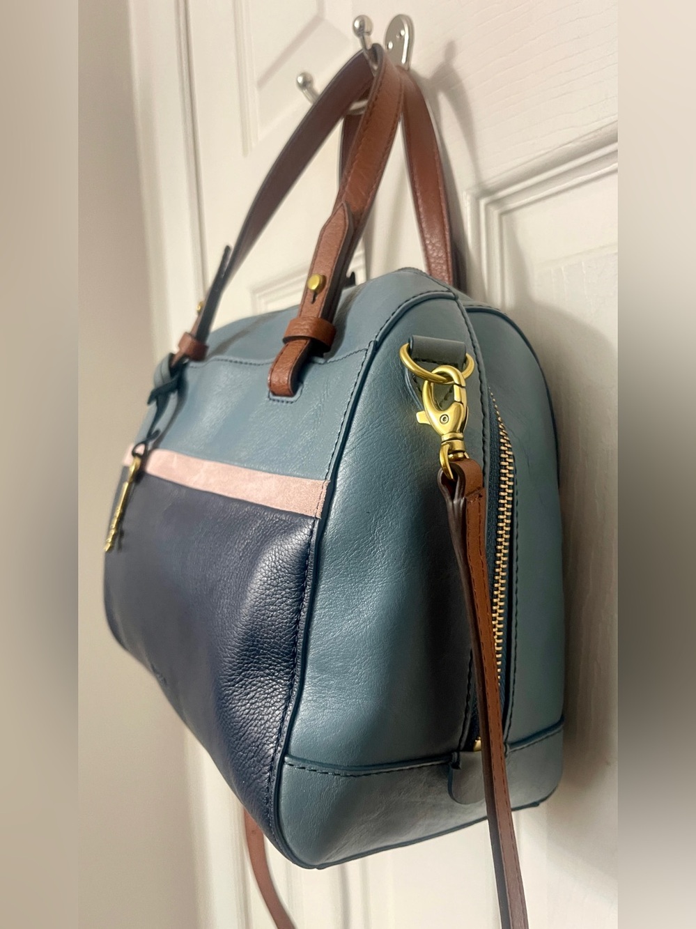 FOSSIL RACHEL 2-Tone Twilight Blue Leather Convertible Satchel Crossbody Bag - Picture 4 of 16